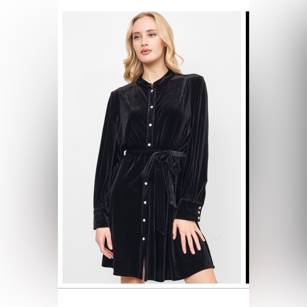 Zara Black Velvet Dress with buttons and tie waist removal belt, Size Large